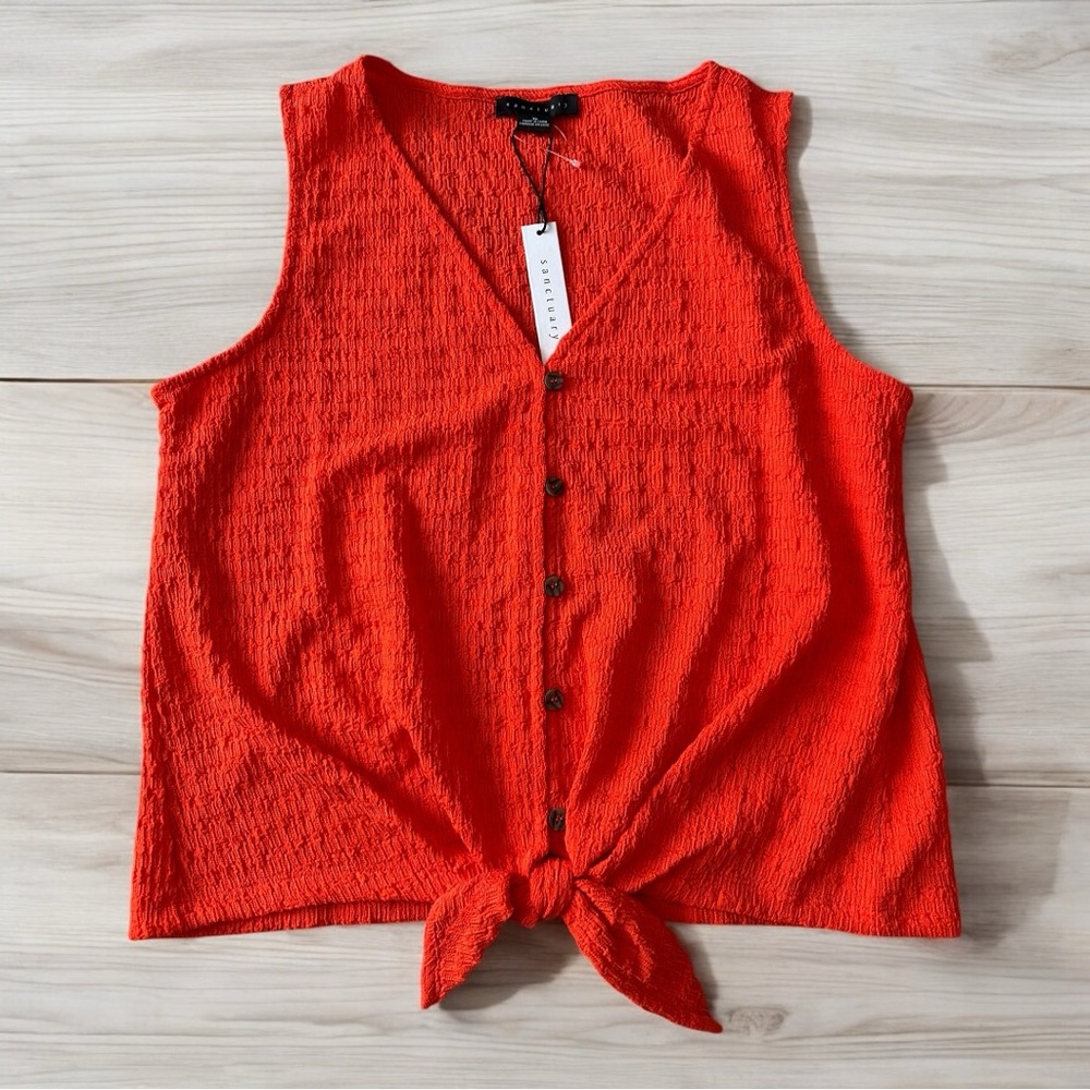 Sanctuary Link Up Crinkle Stripe Tie Hem Sleeveless Top Orange Red